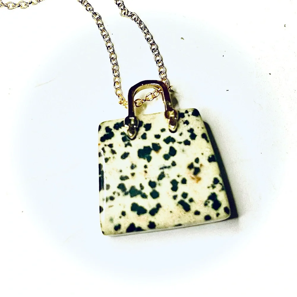 New Artisan 14k Gold Lady Christian Dior Dalmatian Jasper Handbag Necklace - Picture 3 of 17
